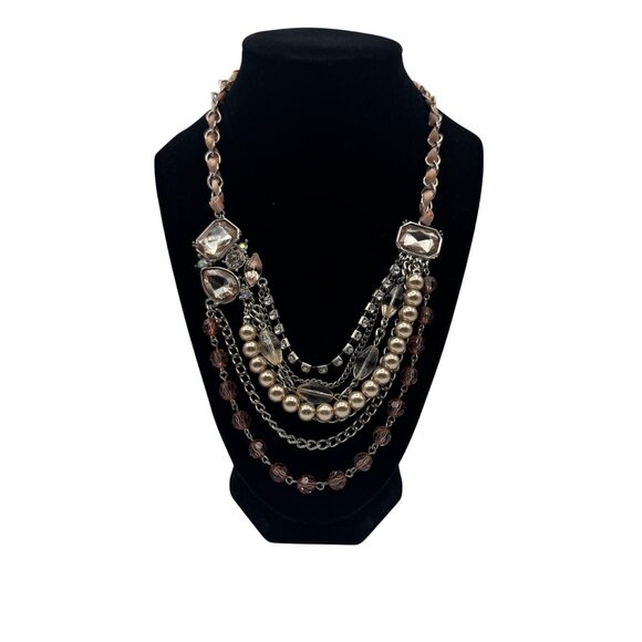 Multi-Layered Statement Necklace With Faux Pearls Crystals & Pink Chain By NY - Picture 1 of 6